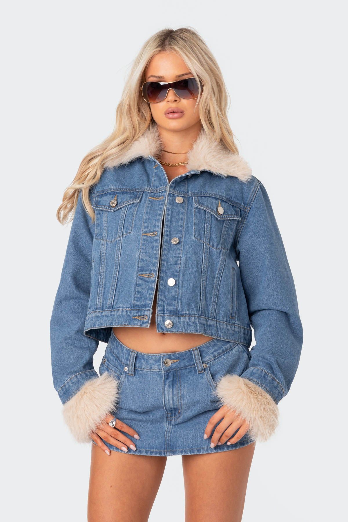 Drew Faux Fur Trim Denim Jacket sold by Edikted product image thumbnail 2