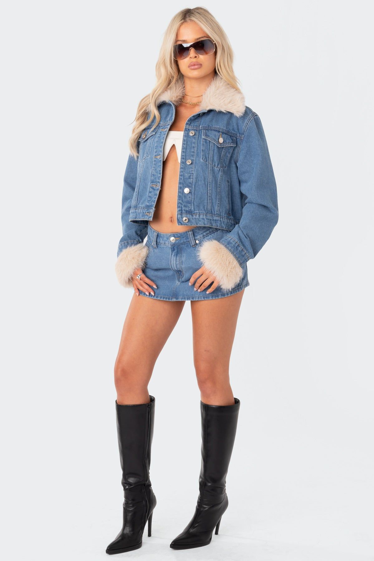 Drew Faux Fur Trim Denim Jacket sold by Edikted product image thumbnail 3