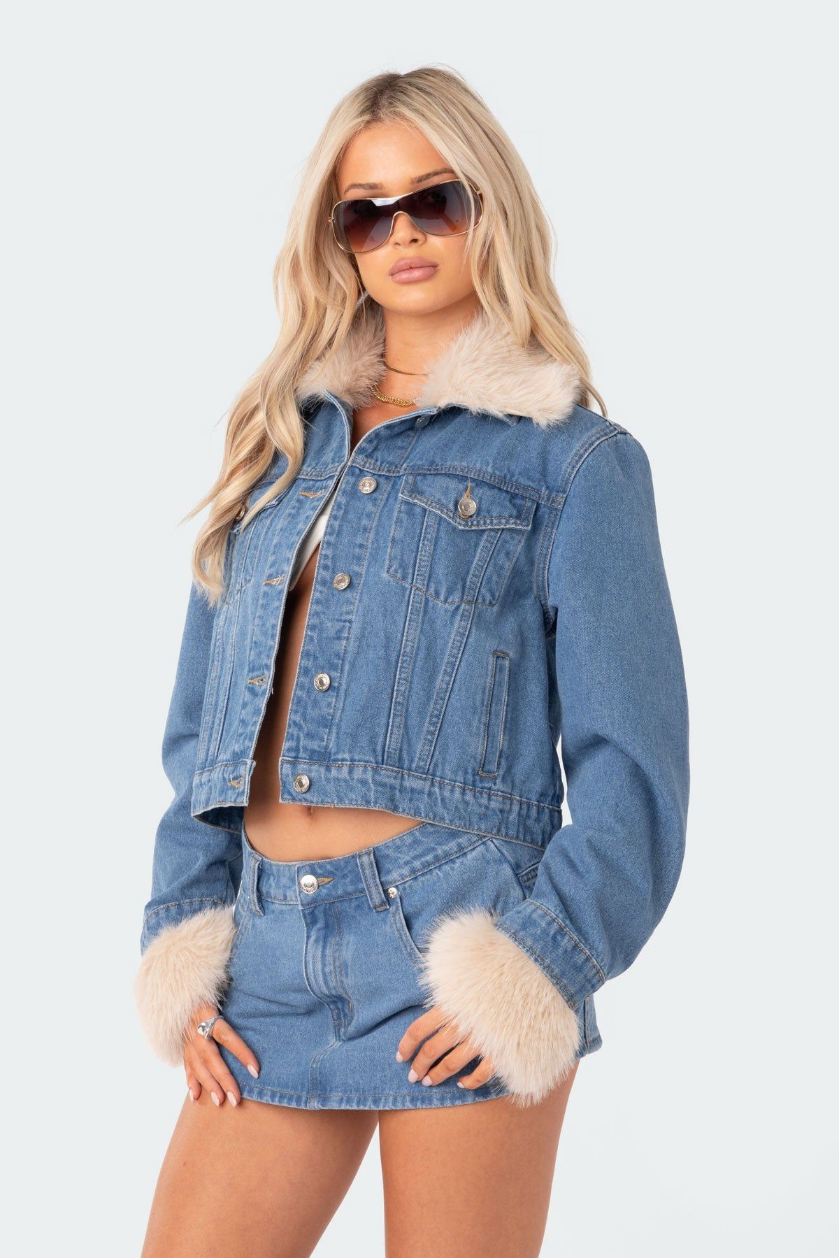 Drew Faux Fur Trim Denim Jacket sold by Edikted product image thumbnail 4