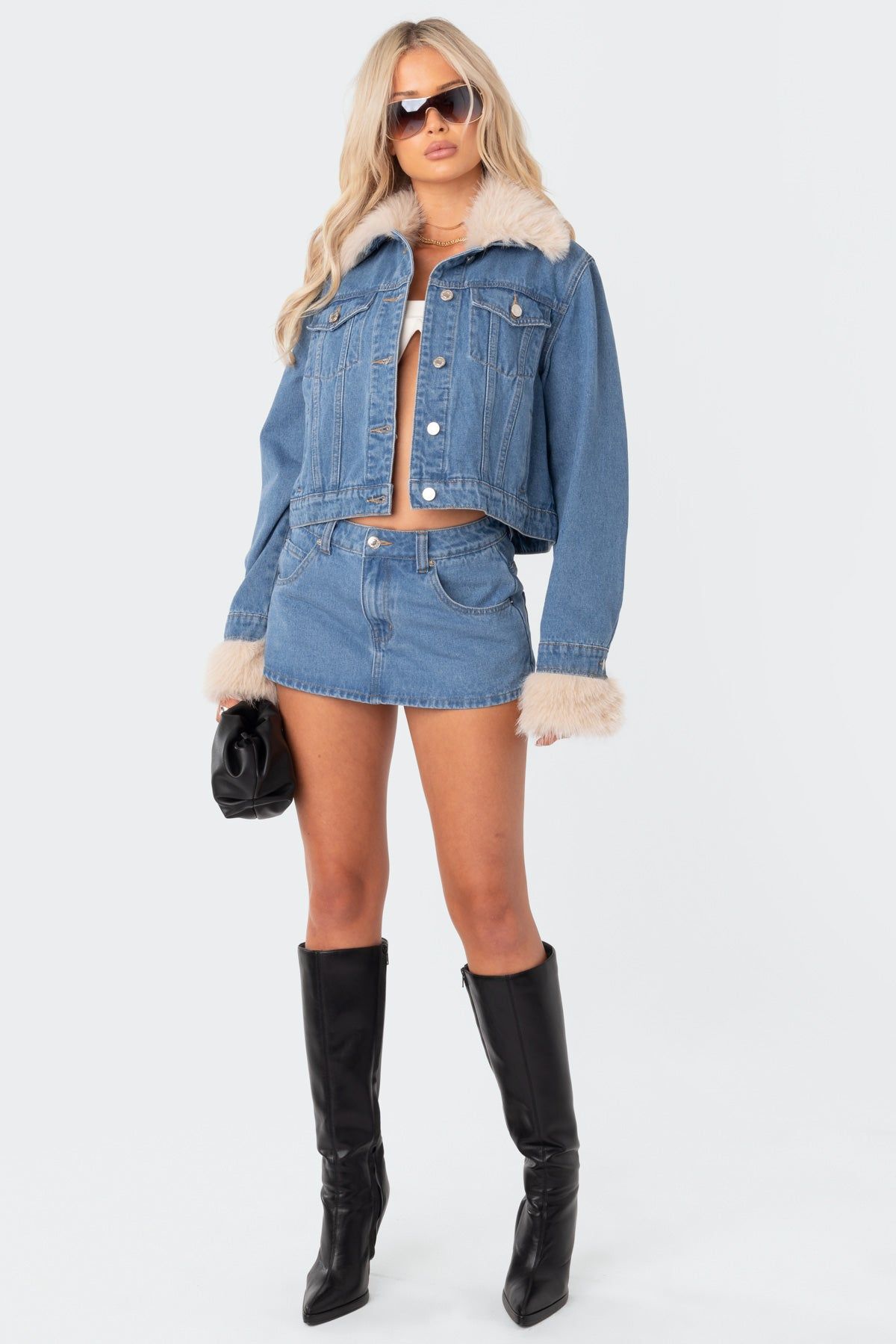 Drew Faux Fur Trim Denim Jacket sold by Edikted