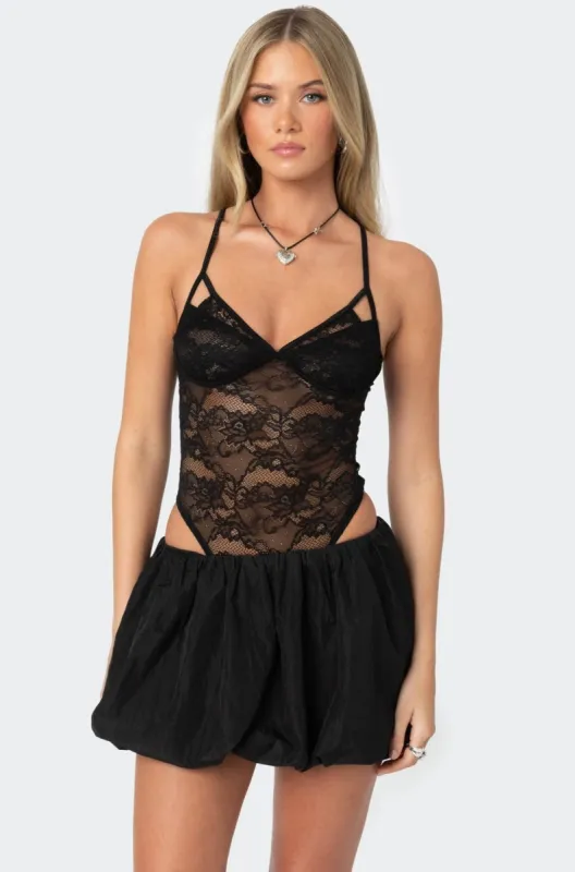 Strappy Sheer Lace Bodysuit sold by Edikted
