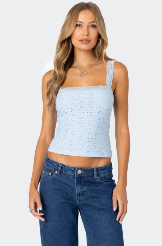 Virginia Lace Trim Eyelet Tank Top sold by Edikted