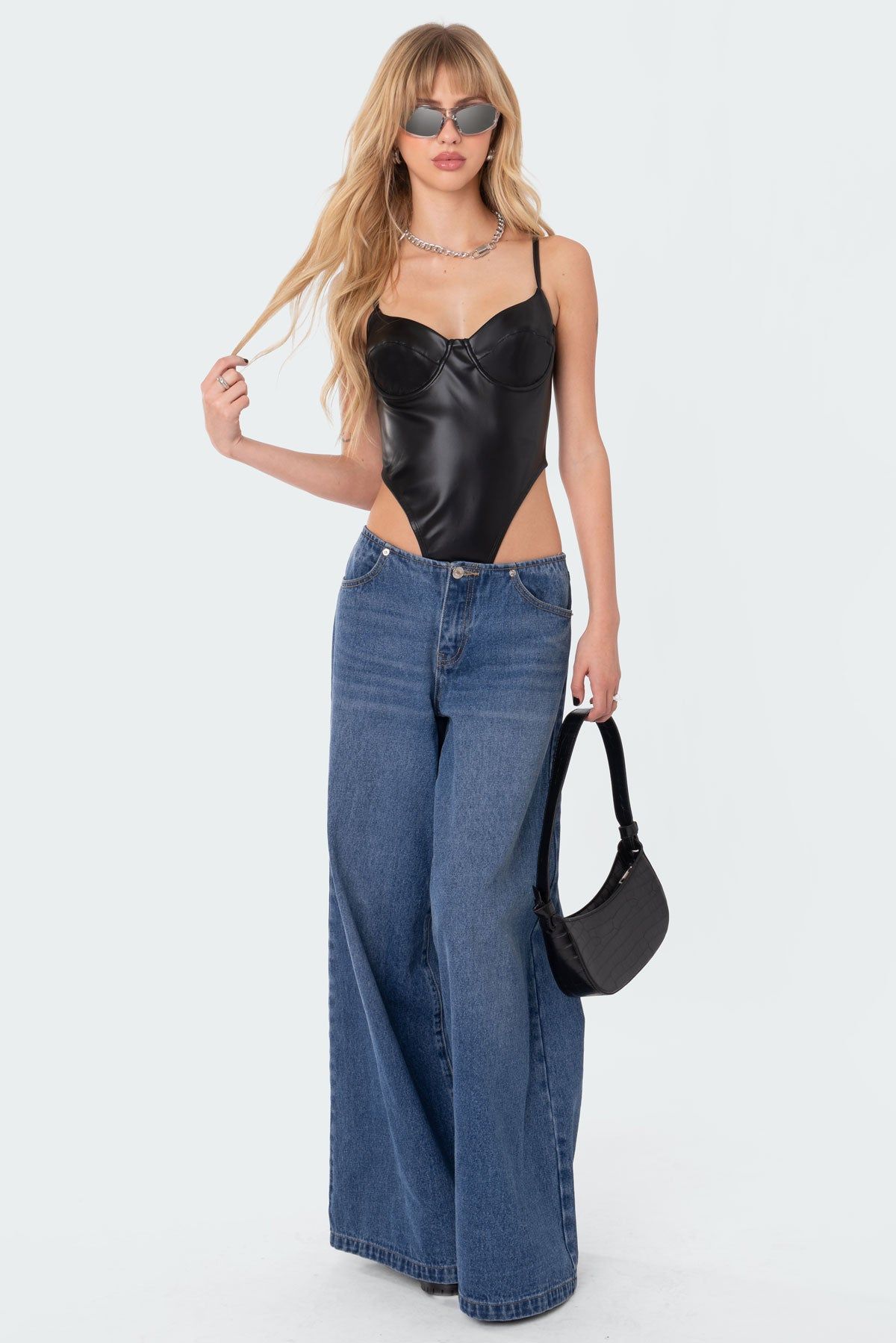 High-Cut Faux Leather Cupped Bodysuit sold by Edikted