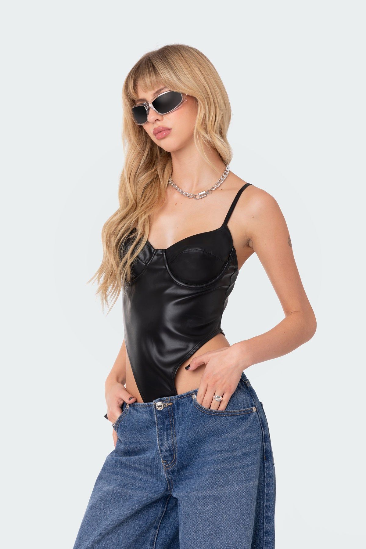 High-Cut Faux Leather Cupped Bodysuit sold by Edikted product image thumbnail 3