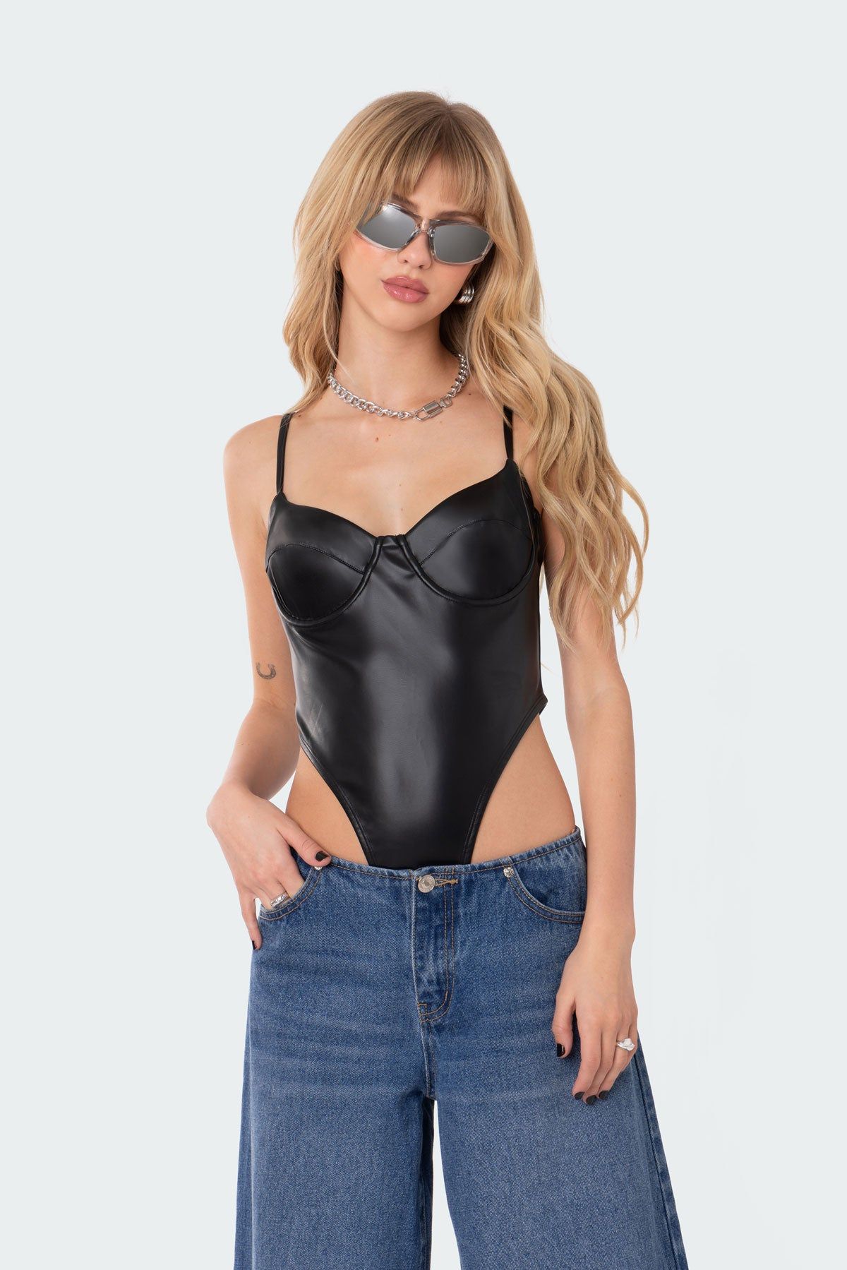 High-Cut Faux Leather Cupped Bodysuit sold by Edikted product image thumbnail 2