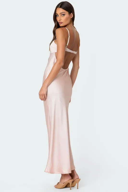 Vienna Open Back Satin Effect Maxi Dress sold by Edikted