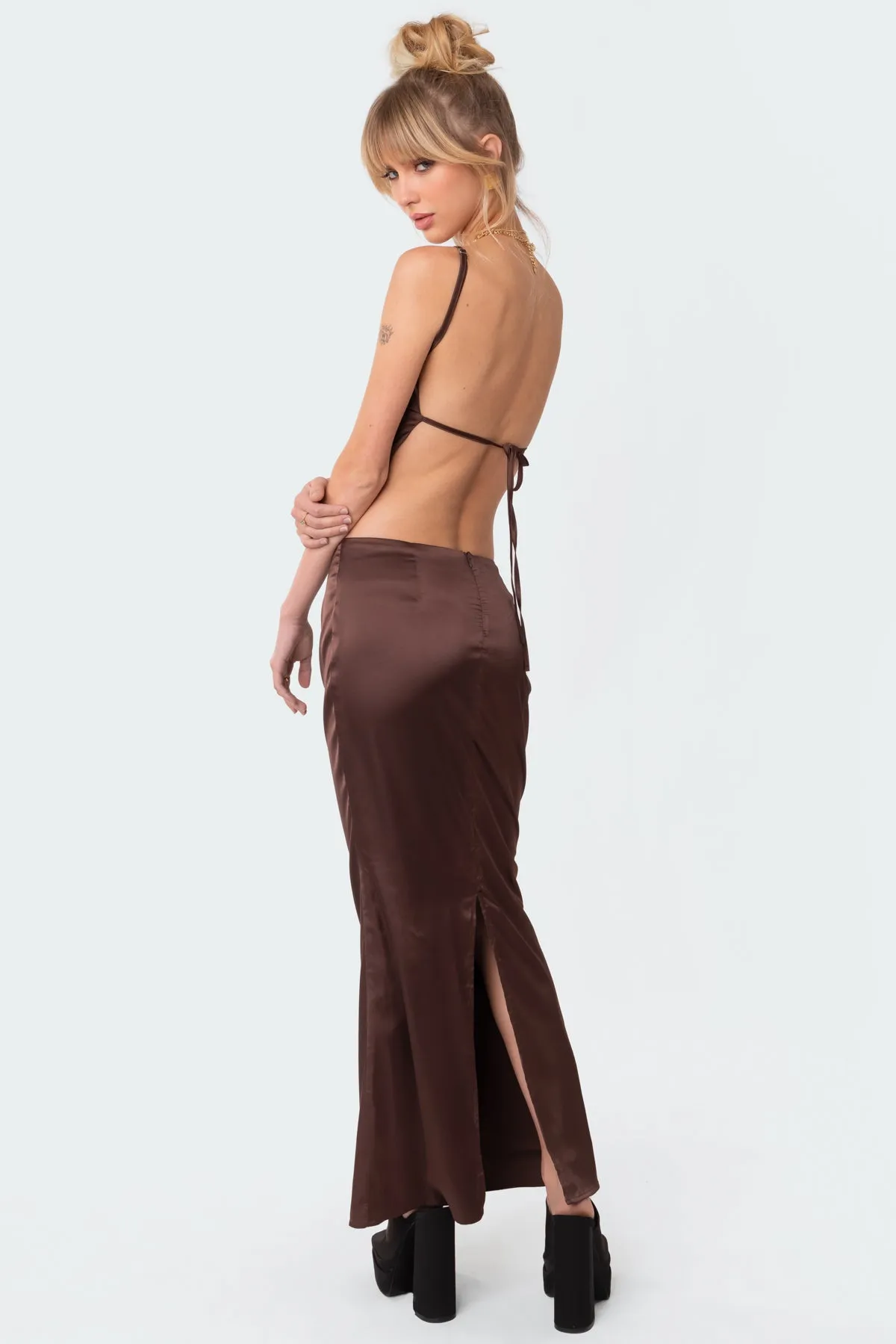 Satin Low Rise Back Slit Maxi Skirt sold by Edikted product image thumbnail 5