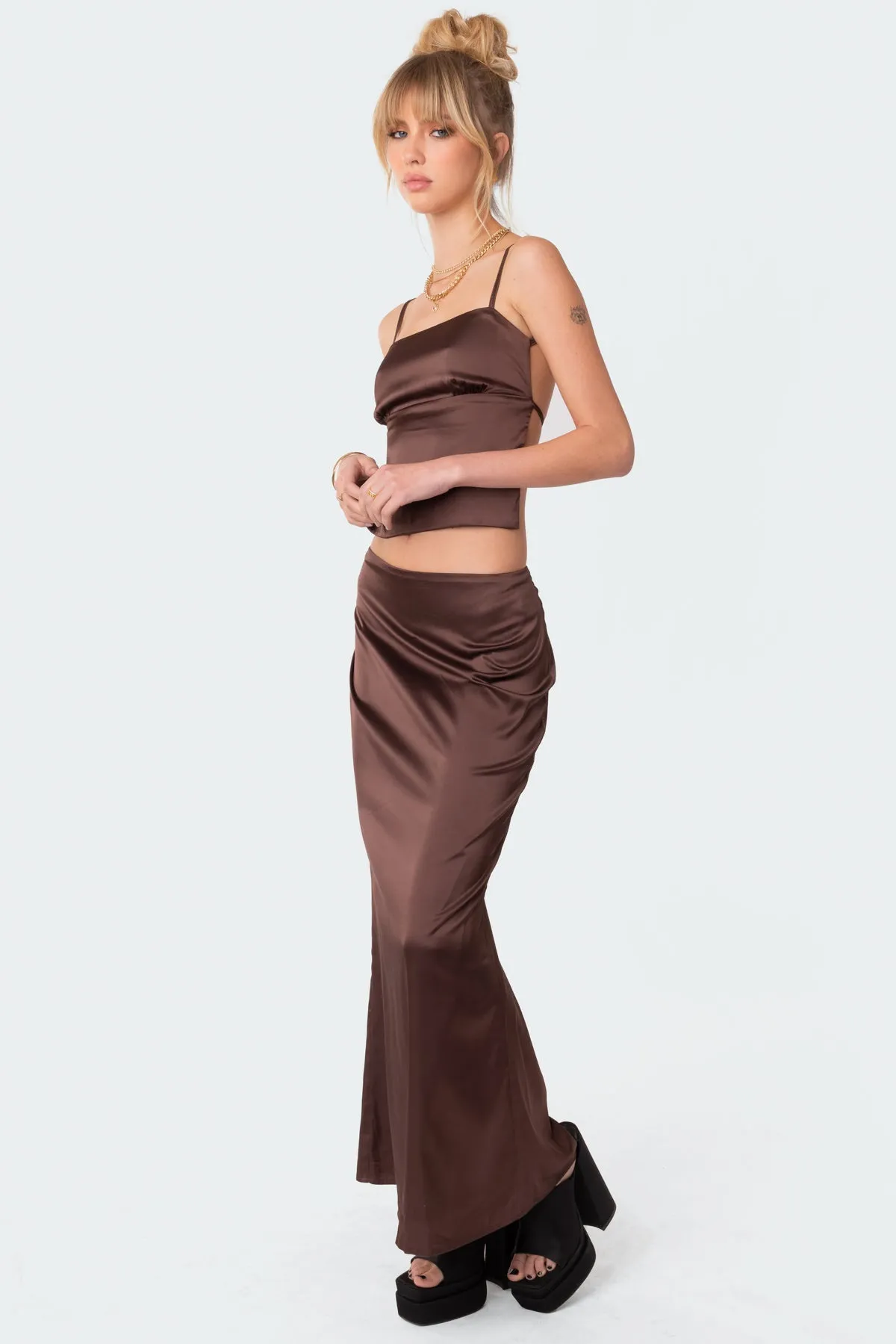 Satin Low Rise Back Slit Maxi Skirt sold by Edikted product image thumbnail 4