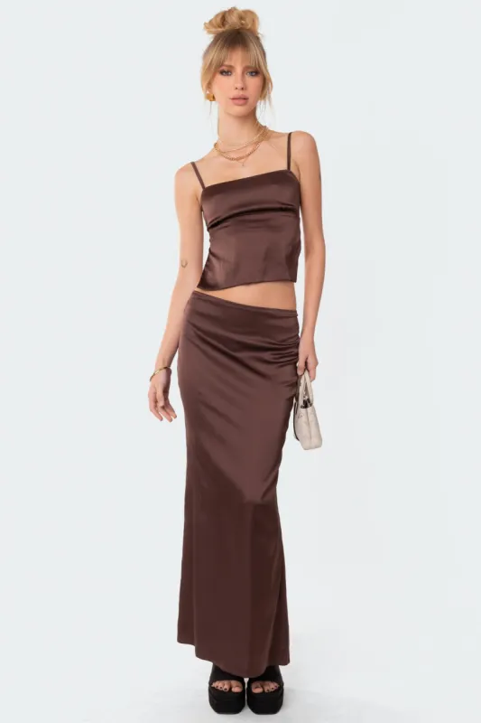 Satin Low Rise Back Slit Maxi Skirt sold by Edikted