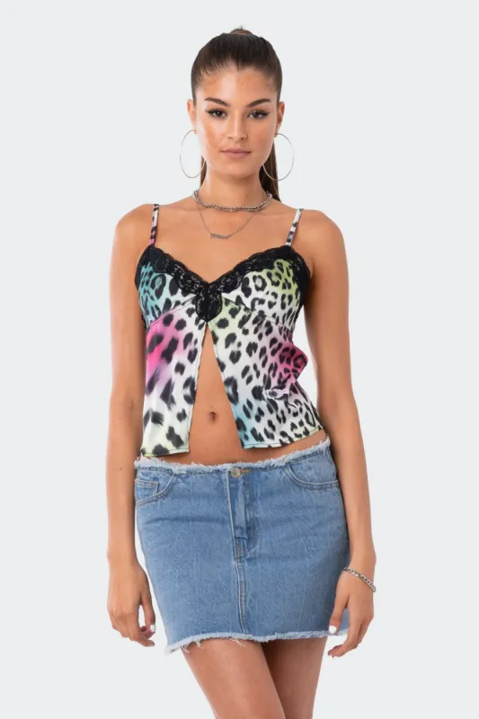 Rainbow Leopard Satin Crop Top made by Edikted
