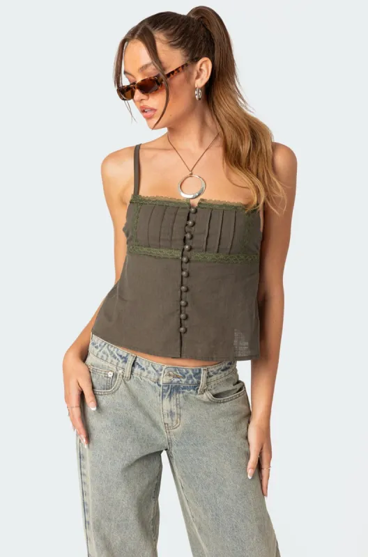 Button Up Linen Look Tank Top sold by Edikted
