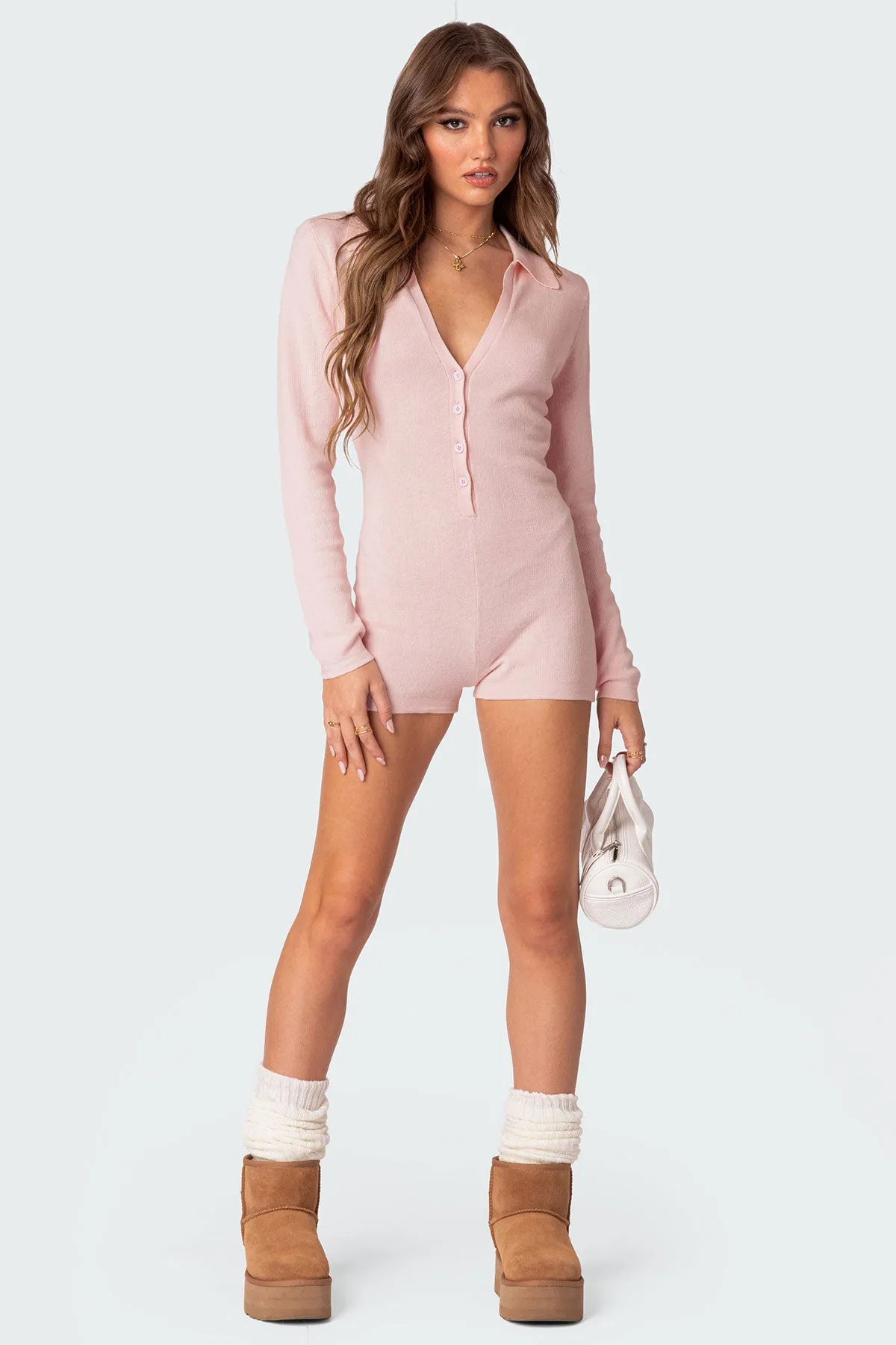 Lillian Button Front Knit Romper sold by Edikted