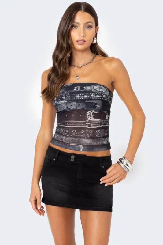 Layered Belt Mesh Tube Top sold by Edikted
