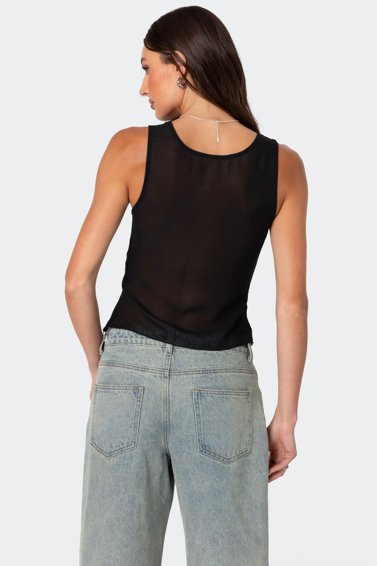 Chiffon & Lace Sheer Asymmetric Top sold by Edikted product image thumbnail 5