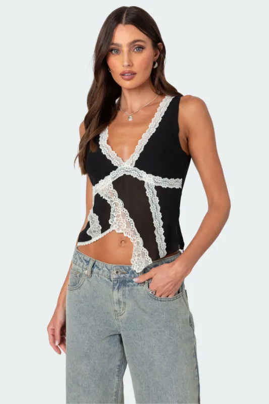Chiffon & Lace Sheer Asymmetric Top sold by Edikted
