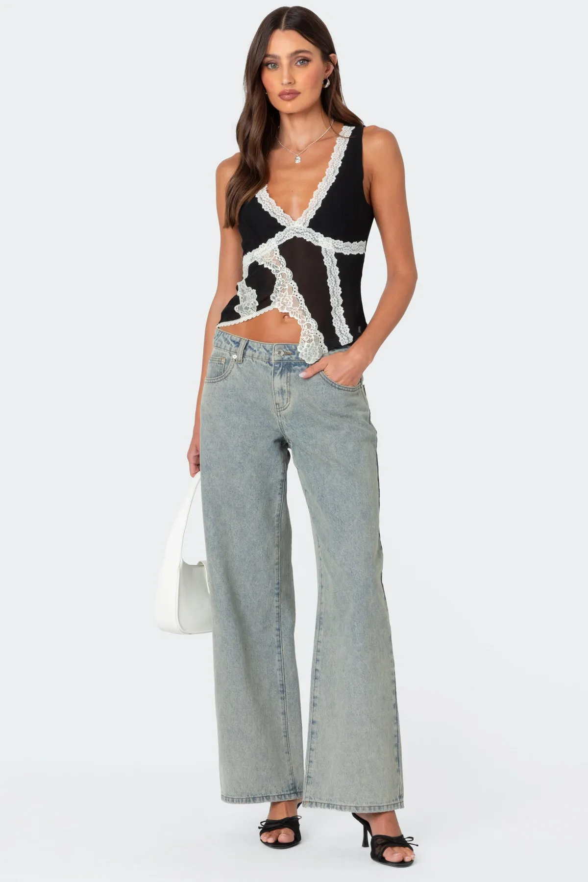 Chiffon & Lace Sheer Asymmetric Top sold by Edikted product image thumbnail 2