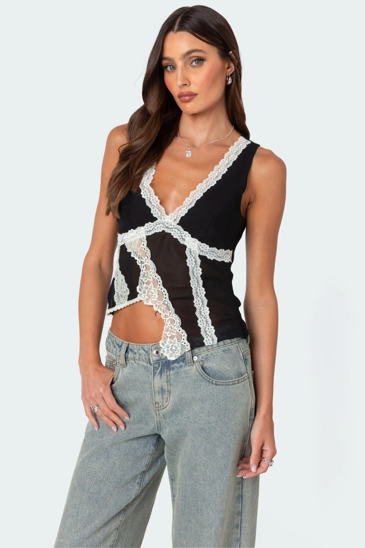 Chiffon & Lace Sheer Asymmetric Top sold by Edikted product image thumbnail 3