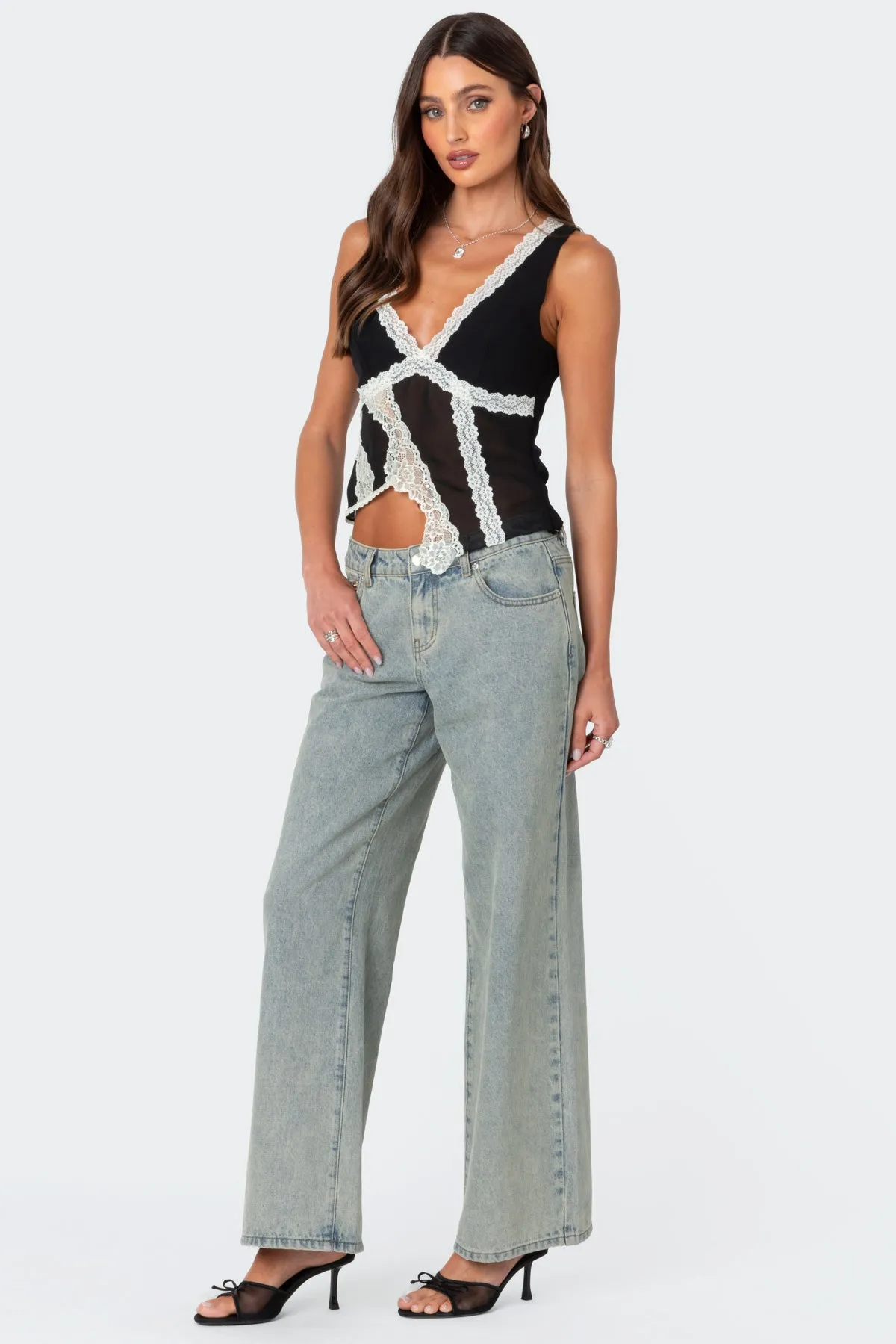 Chiffon & Lace Sheer Asymmetric Top sold by Edikted product image thumbnail 4
