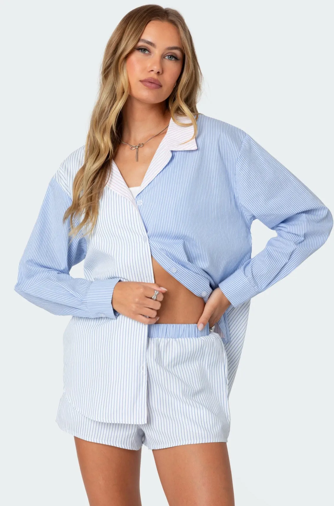 Oaklie Mix Striped Button Up Shirt sold by Edikted