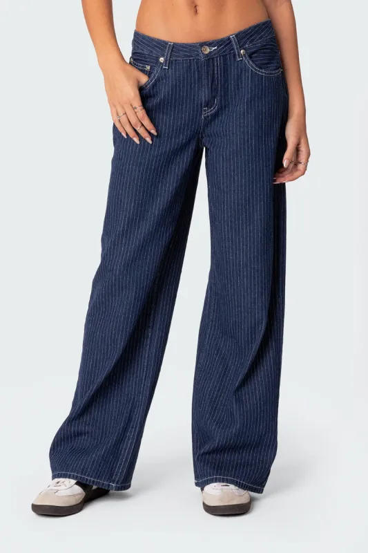 Pinstripe Low Rise Baggy Jeans sold by Edikted