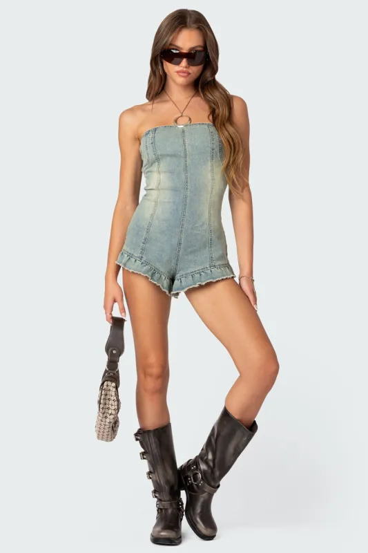 Winnie Washed Denim Romper sold by Edikted