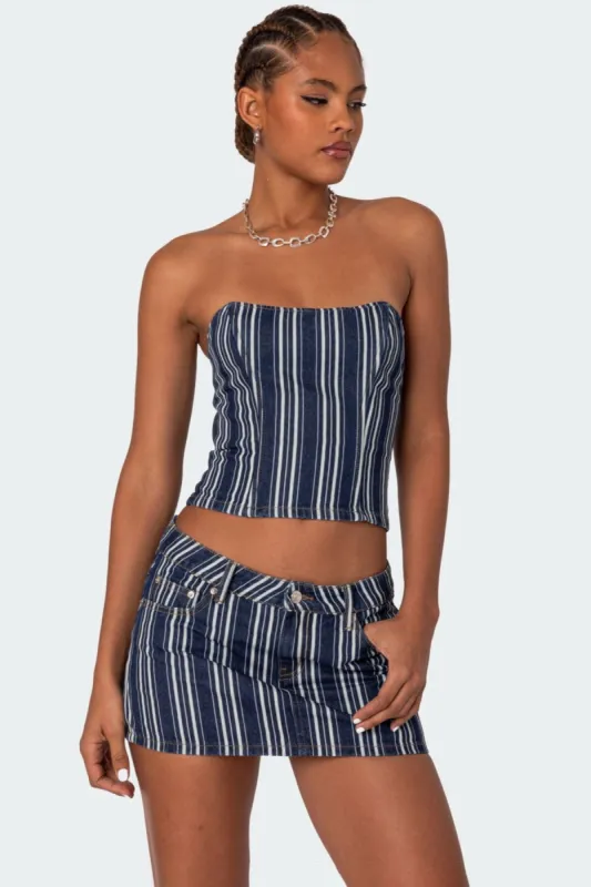 Inez Striped Denim Corset sold by Edikted