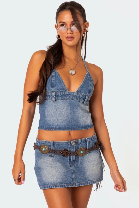 Wanona Denim Halter Top sold by Edikted