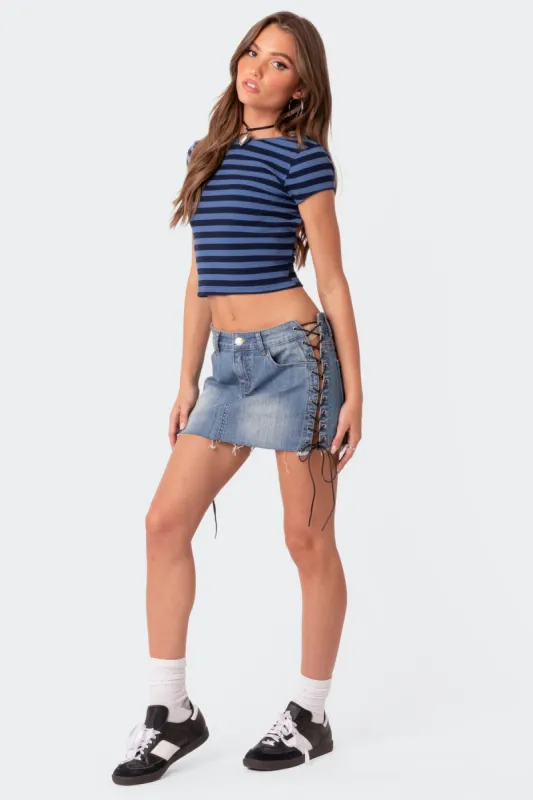 Side Lace Up Denim Mini Skirt sold by Edikted