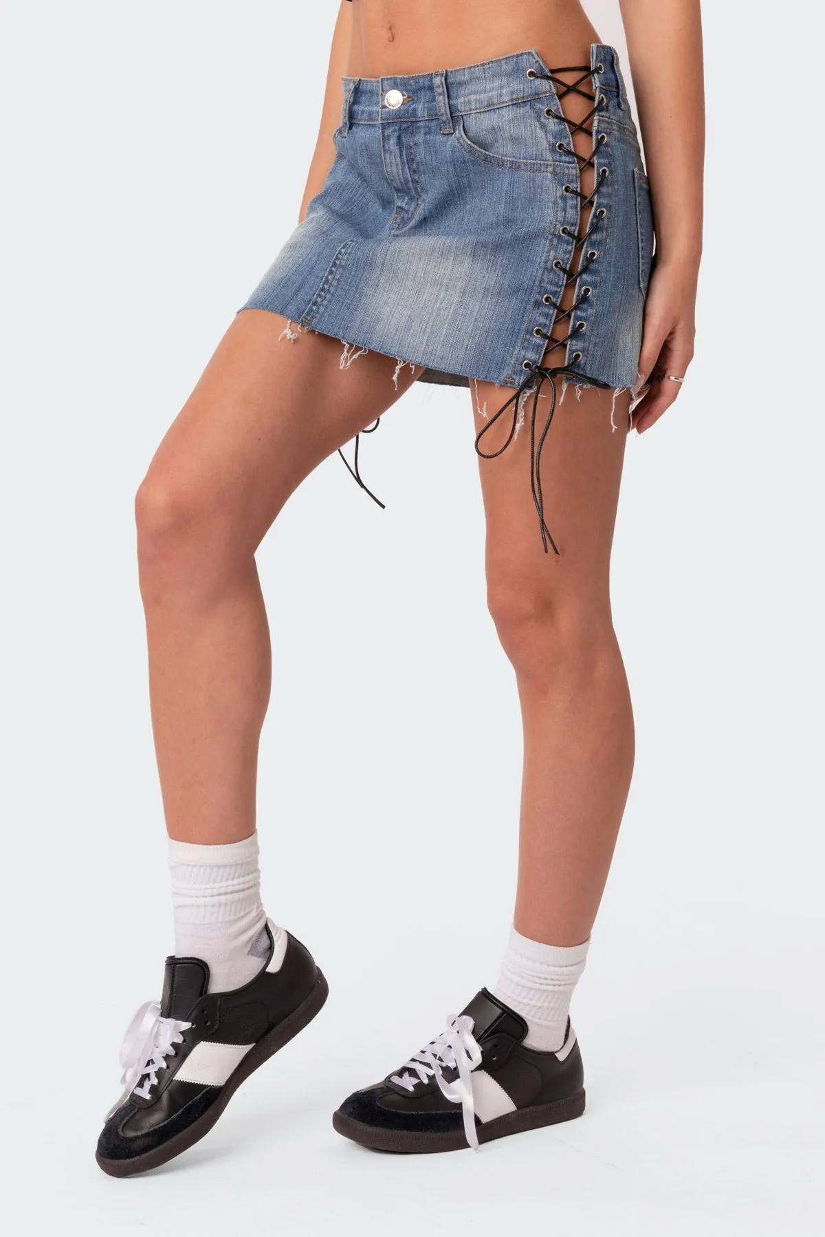 Side Lace Up Denim Mini Skirt sold by Edikted product image thumbnail 3