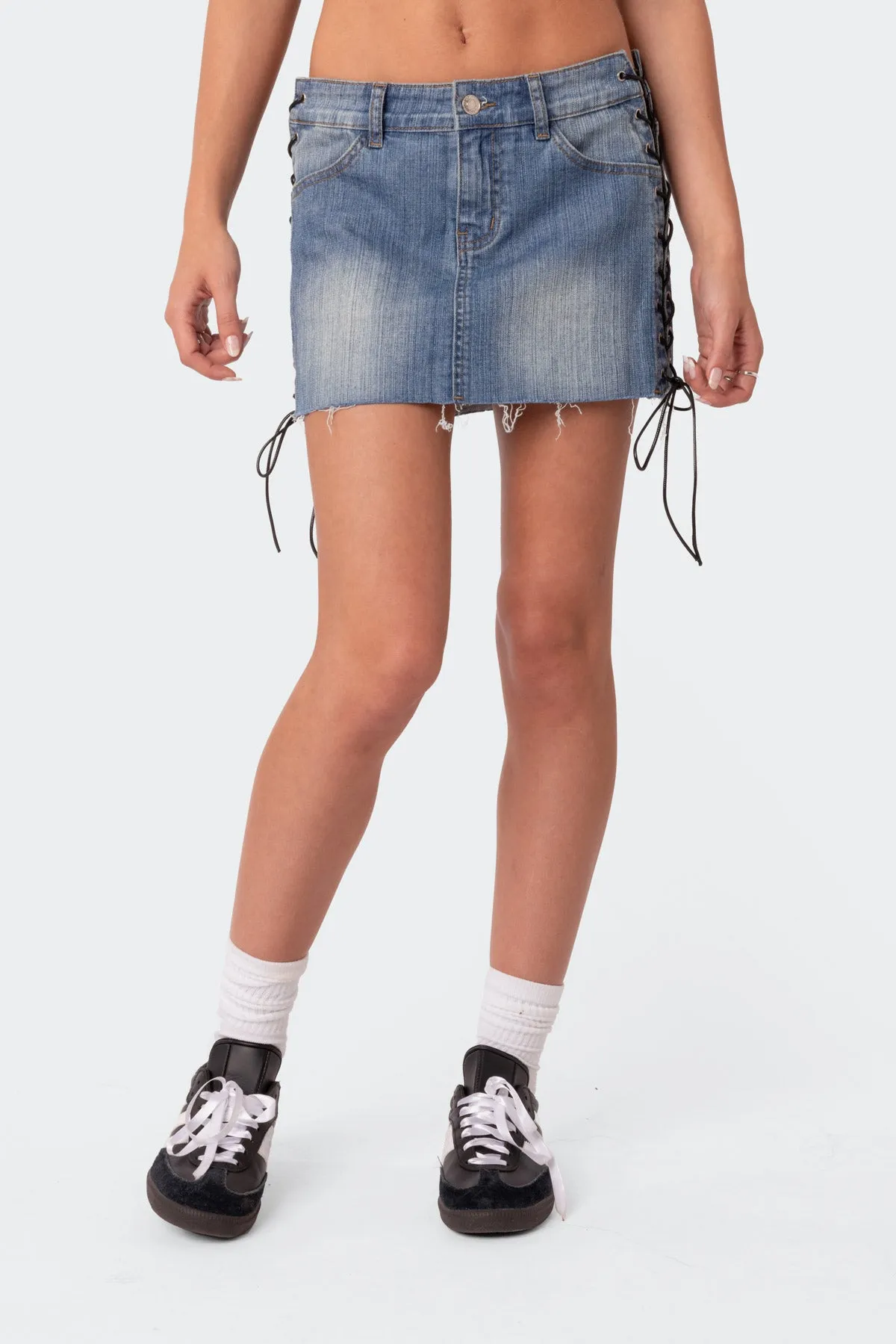 Side Lace Up Denim Mini Skirt sold by Edikted product image thumbnail 2