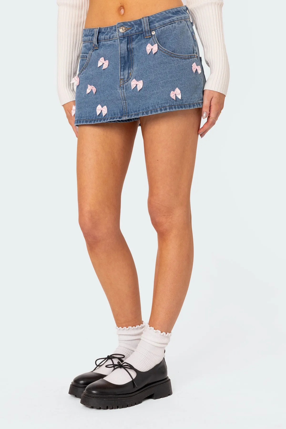 Alivia Satin Effect Bow Denim Micro Skort sold by Edikted product image thumbnail 4