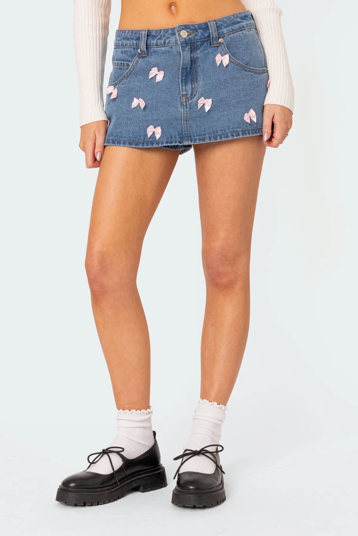 Alivia Satin Effect Bow Denim Micro Skort sold by Edikted product image thumbnail 3