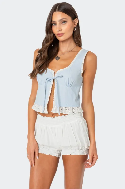 Shiloh Tie Front Eyelet Trim Top sold by Edikted