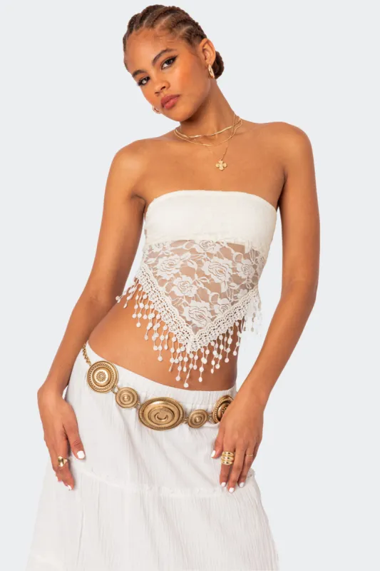 India Sheer Lace Strapless Top sold by Edikted