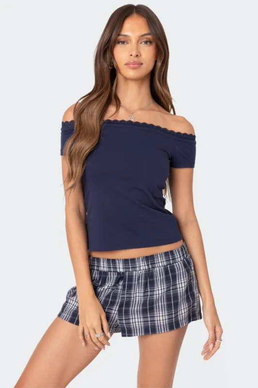 Xoe Off Shoulder Lace Trim Top sold by Edikted