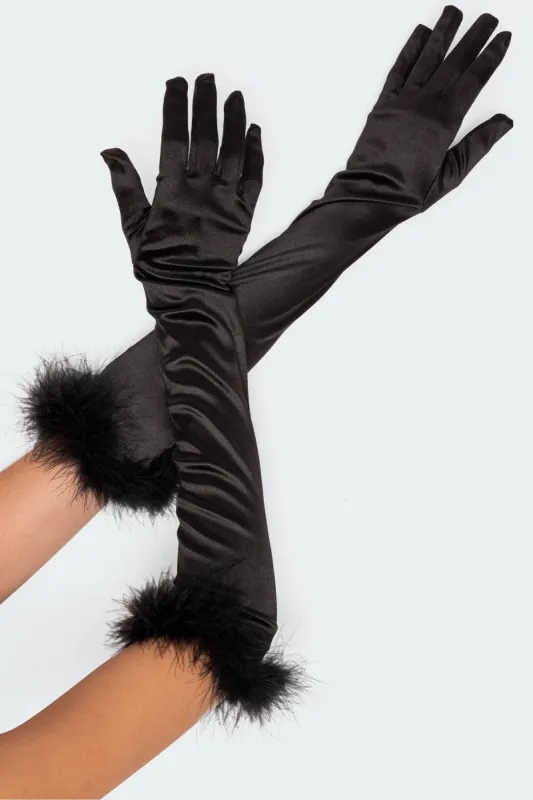 Faux Feather Satin Effect Gloves sold by Edikted