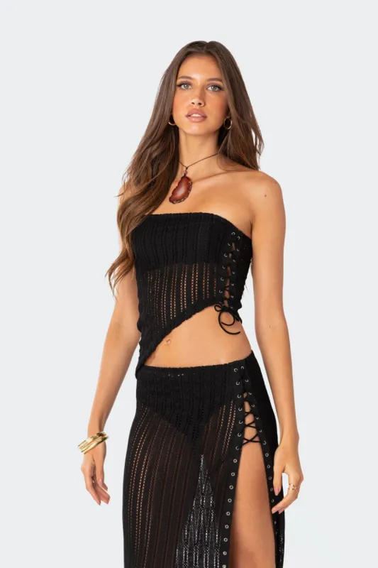 Lucea Lace Up Sheer Knit Tube Top sold by Edikted
