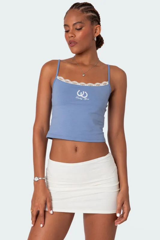 Lucky Girl Lace Trim Tank Top sold by Edikted