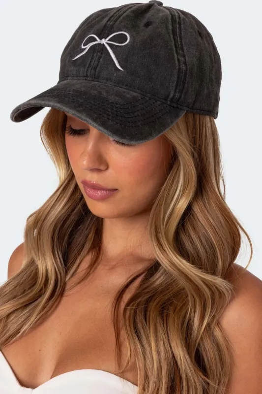 Embroidered Bow Washed Baseball Cap sold by Edikted