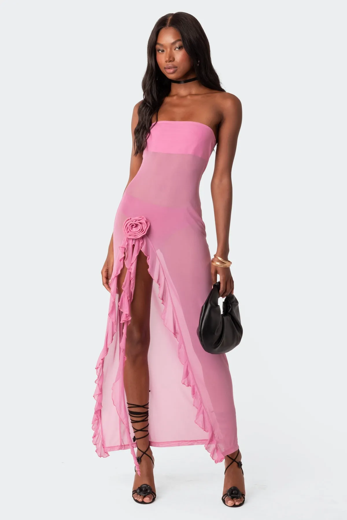 Suri Sheer Mesh Flower Pin Maxi Dress sold by Edikted