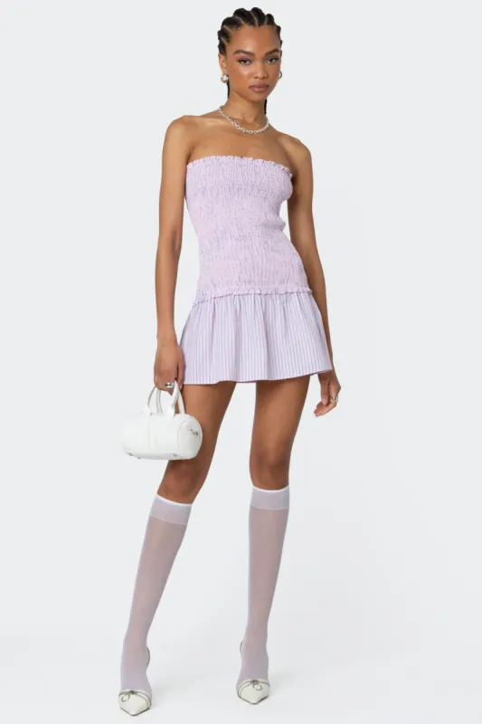 Striped Scrunch Strapless Mini Dress sold by Edikted