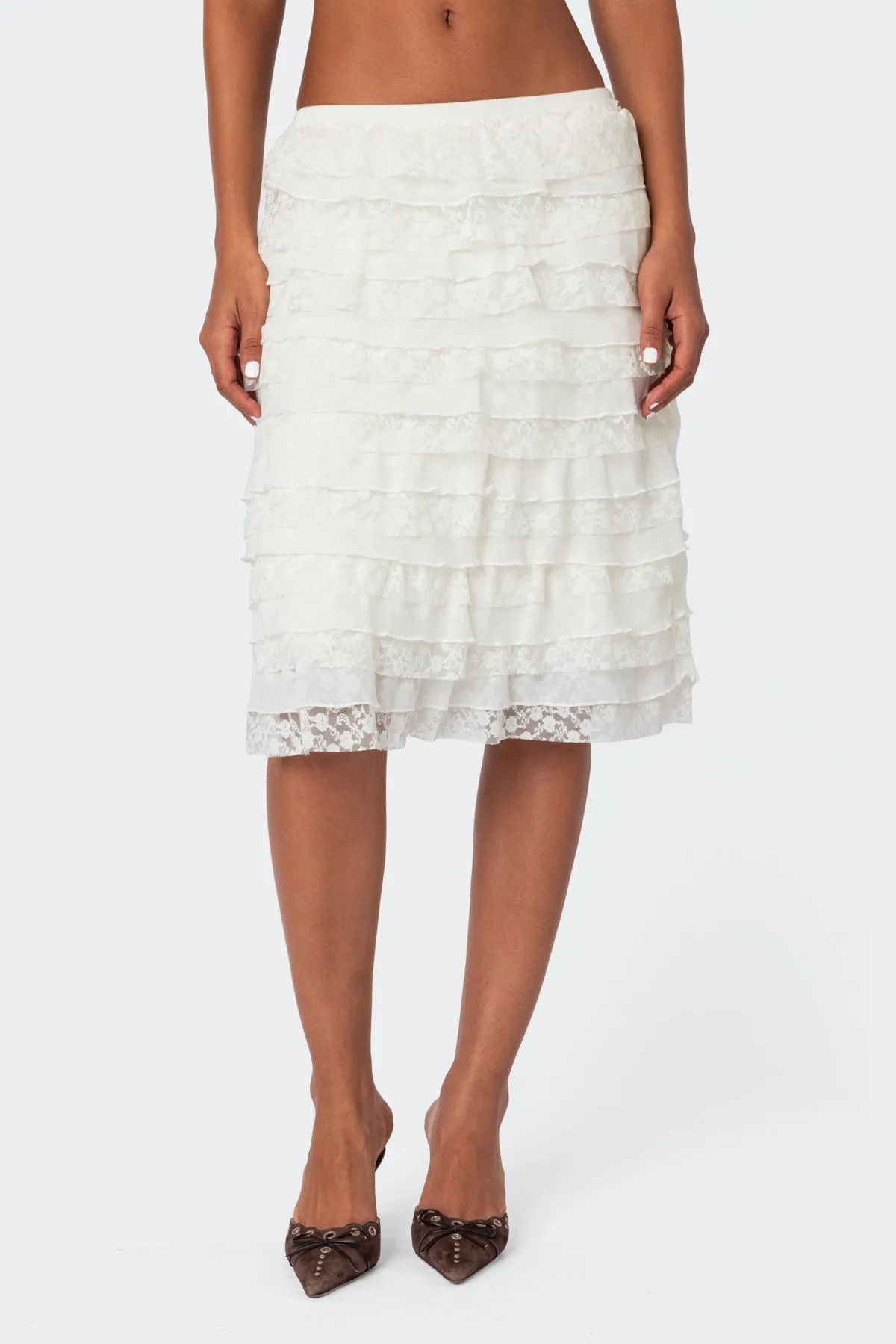 Louise Lace And Mesh Ruffle Midi Skirt sold by Edikted product image thumbnail 2