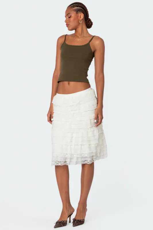 Louise Lace And Mesh Ruffle Midi Skirt sold by Edikted