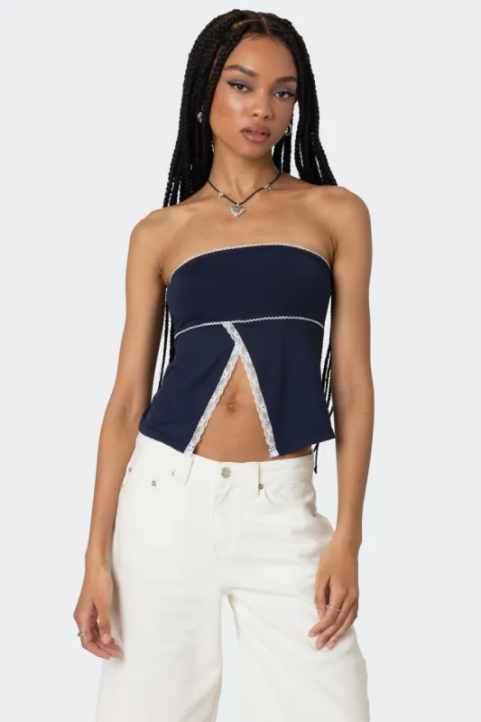 Lace Trim Split Front Tube Top sold by Edikted