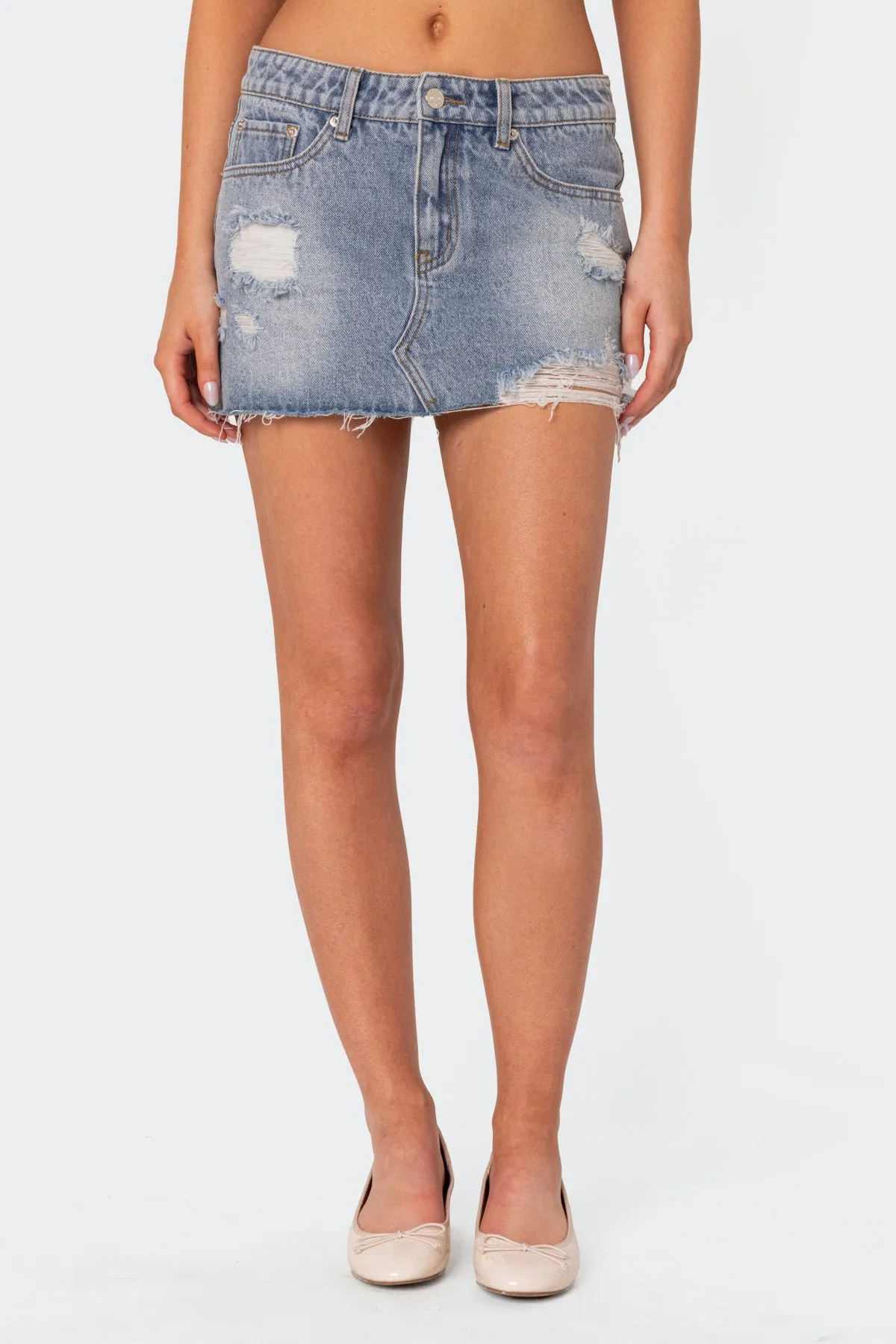 Ginnie Low Rise Distressed Denim Mini Skirt sold by Edikted product image thumbnail 2