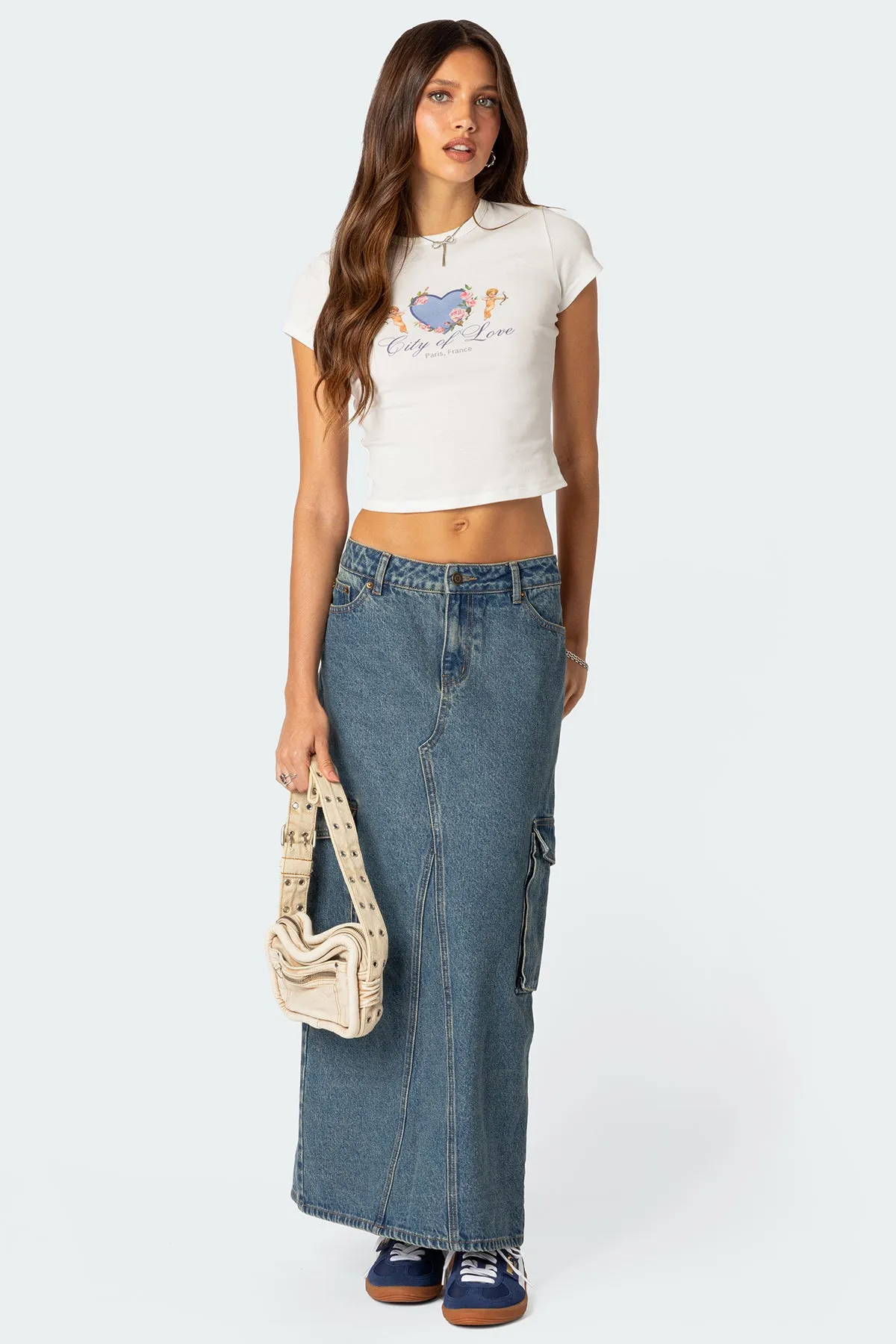 Slitted Cargo Denim Maxi Skirt sold by Edikted