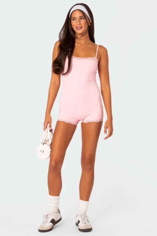 Mandi Lace Trim Romper sold by Edikted