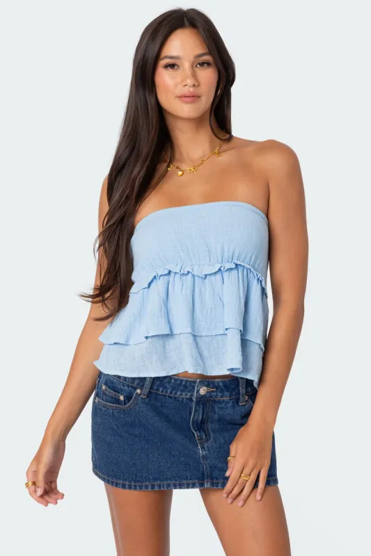 Linen Look Strapless Peplum Top sold by Edikted