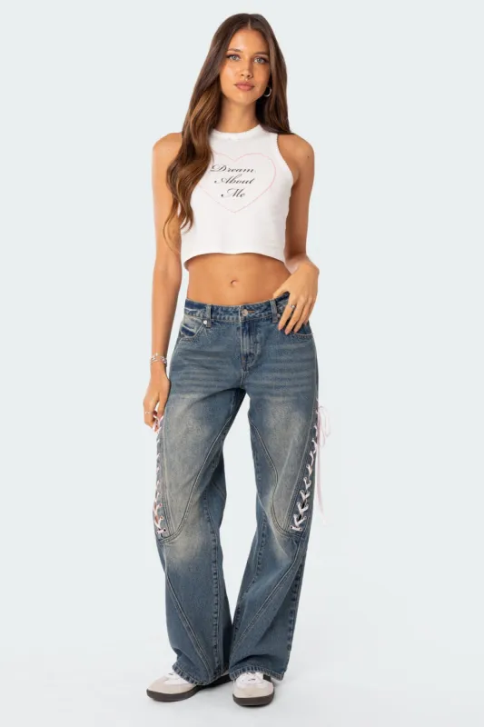 Low Rise Ribbon Lace Up Jeans sold by Edikted