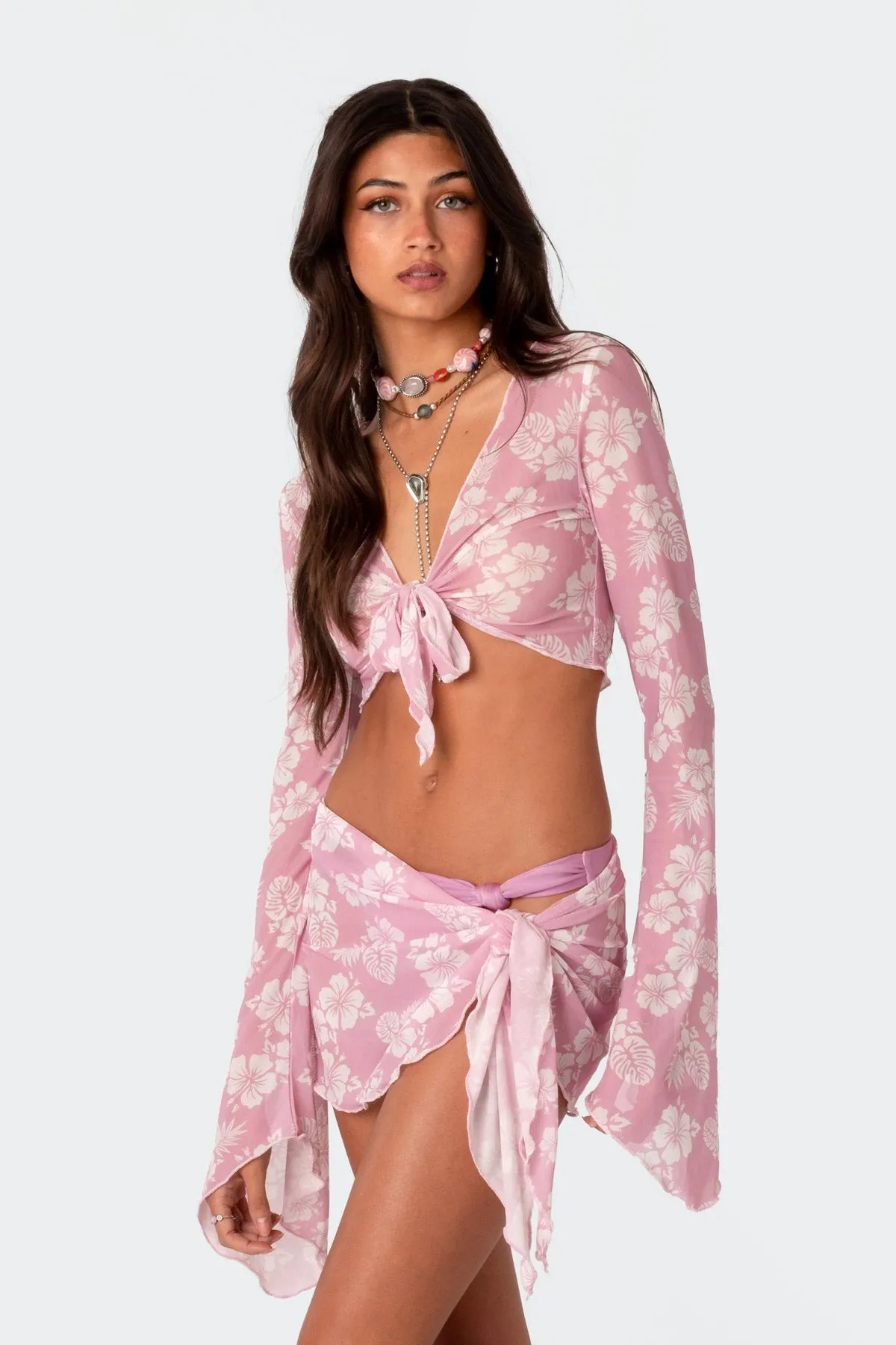 Hibiscus Tie Front Mesh Crop Top sold by Edikted product image thumbnail 3